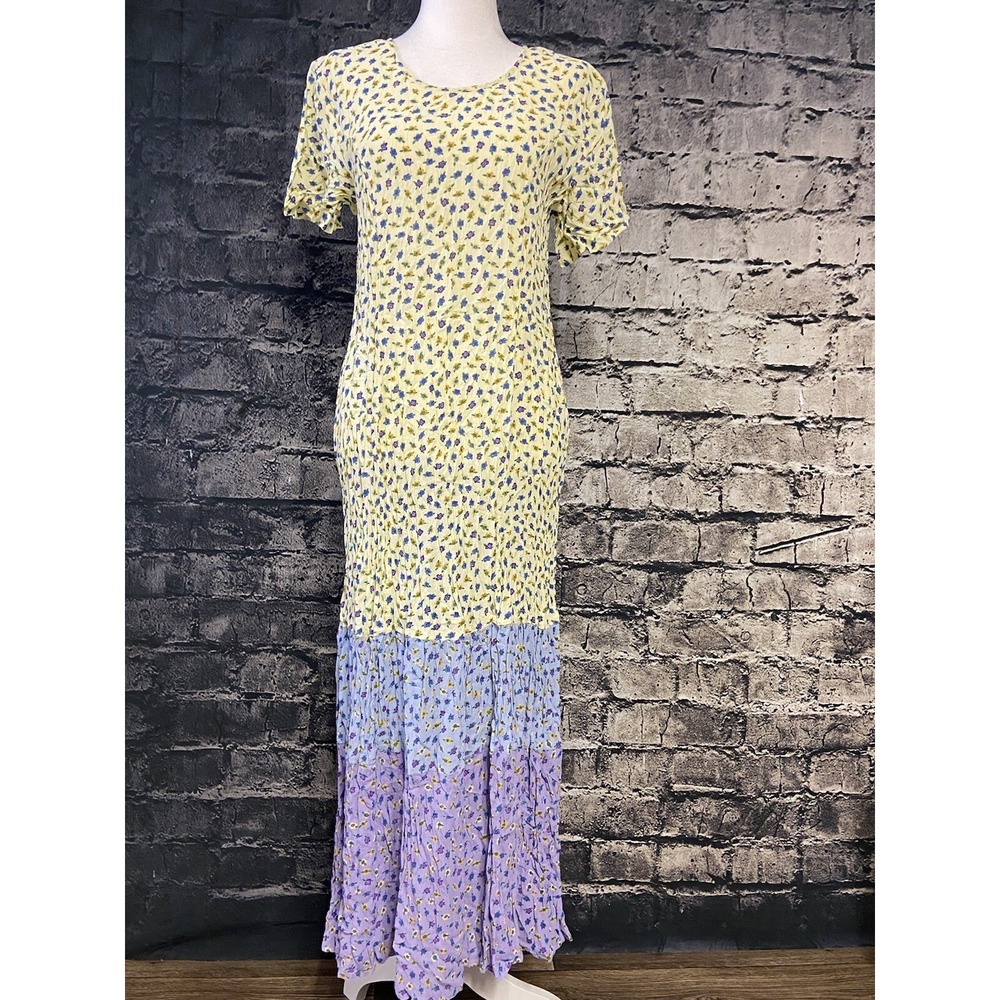 J.G. Hook Dress Womens Medium Yellow Purple Floral Print Tiered Maxi Short Sleev